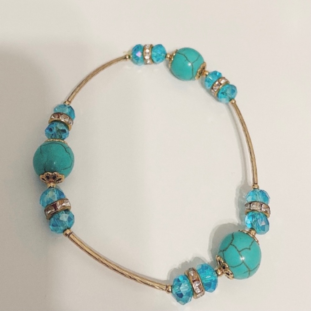 Handmade Aqua Earth tone Glass Beaded Gold tone Bracelet  One Size Jewelry